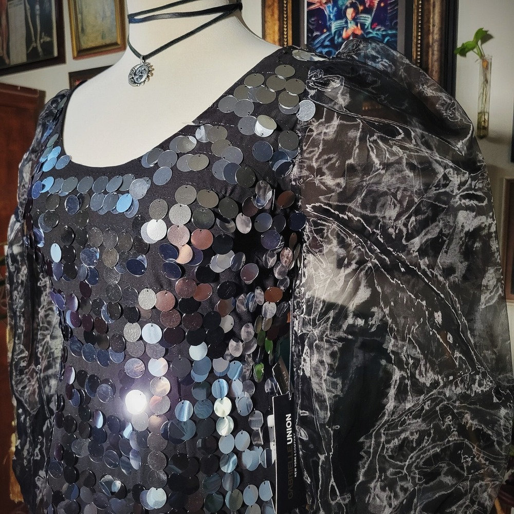 Gabrielle Union NY&C Silver Sequin Mini Dress Sheer Sleeve‎ Party Glam NWT - Picture 5 of 7